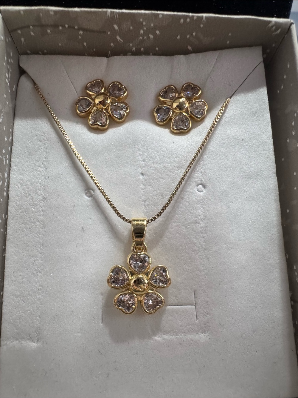 Gold Flower Pendant Necklace and Stud Earrings Set with Clear Stones